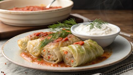 Deliciously steaming plate of stuffed cabbage rolls served with creamy sauce and herbs on a rustic wooden table