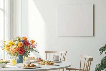 Inviting dining room with a round wooden table, Scandinavian chairs, vibrant flowers, and blank art frame, illuminated by morning sun.