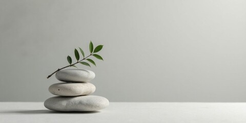 Serene Stack of Smooth Stones with a Delicate Green Sprig Resting Atop, Evoking a Sense of Tranquility and Balance