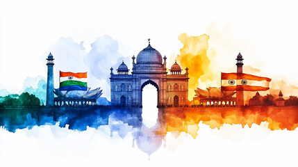 Naklejka premium Craft a watercolor artwork of the Indian flag merged with the silhouette of New Delhi, focusing on the graceful architecture of India Gate and the Lotus Temple