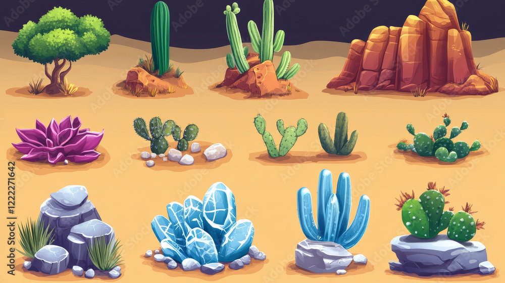 Poster cartoon elements for arcade game platform, 2d ui design desert landscape for computer or mobile. cac