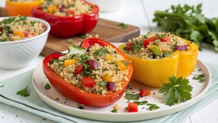 Delicious roasted bell peppers filled with nutritious quinoa and colorful veggies ready to serve at a cozy lunch gathering