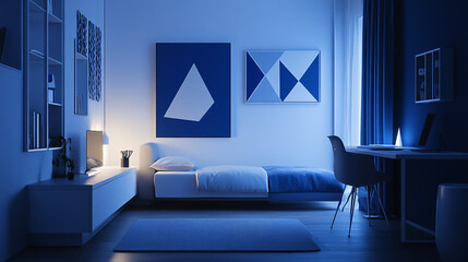 modern blue teenager bedroom interior design with desk and bed  night time rendering  3d illustration