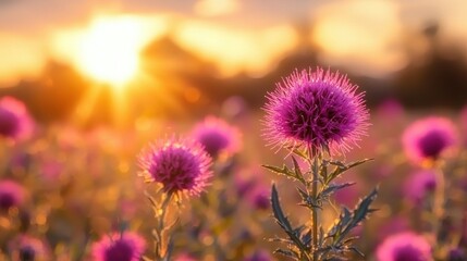 Sunset Meadow of Blooming Thistle Flowers