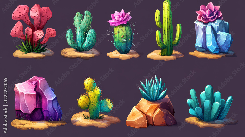 Aufkleber cartoon elements for arcade game platform, 2d ui design desert landscape for computer or mobile. cac