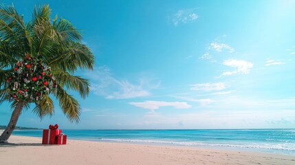 Obraz premium Tropical Christmas Beach Scene with Presents Under Palm Tree