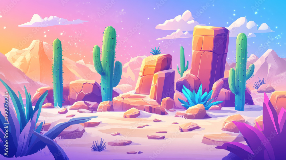Poster cartoon elements for arcade game platform, 2d ui design desert landscape for computer or mobile. cac