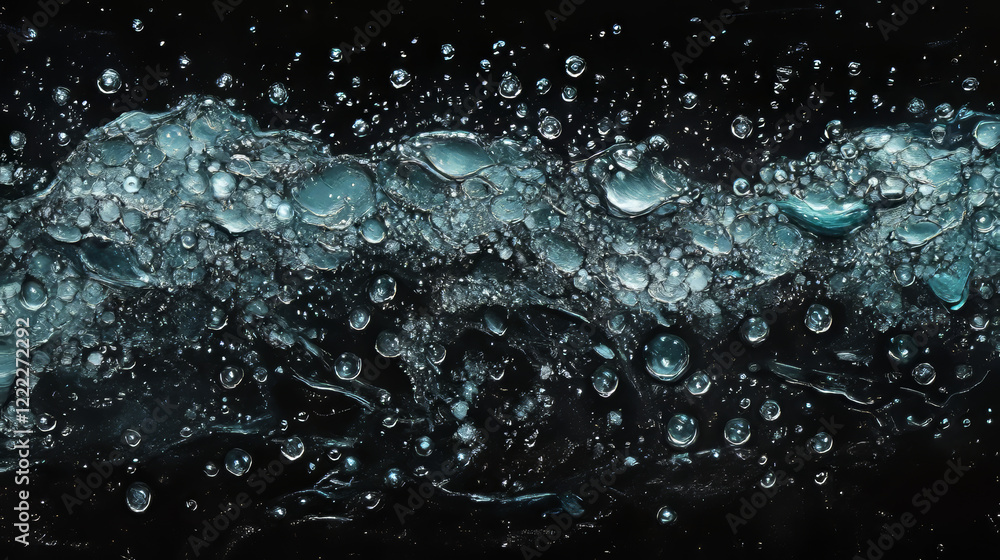 Aufkleber condensation water drops on black background. rain droplets with light reflection on dark surface, a
