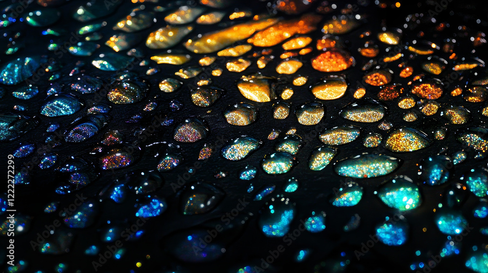 Aufkleber condensation water drops on black background. rain droplets with light reflection on dark surface, a