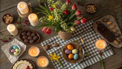 Rustic Easter table setting with colorful eggs, fresh flowers, and candles creating a warm atmosphere for family gathering