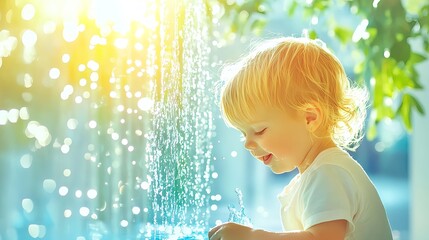 Naklejka premium happy toddler playing with water fountain - bright and airy imagery