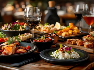restaurant buffet, various dishes, warm lighting, abundant food, food photography