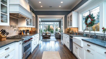 Fototapeta premium Modern Farmhouse Kitchen Interior Design with Farmhouse Sink and Dark Wood Floors