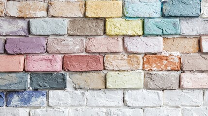 Obraz premium Vibrant hues of pink, blue, yellow, and green blend harmoniously on weathered bricks, revealing artistic craftsmanship and the charm of aged architecture
