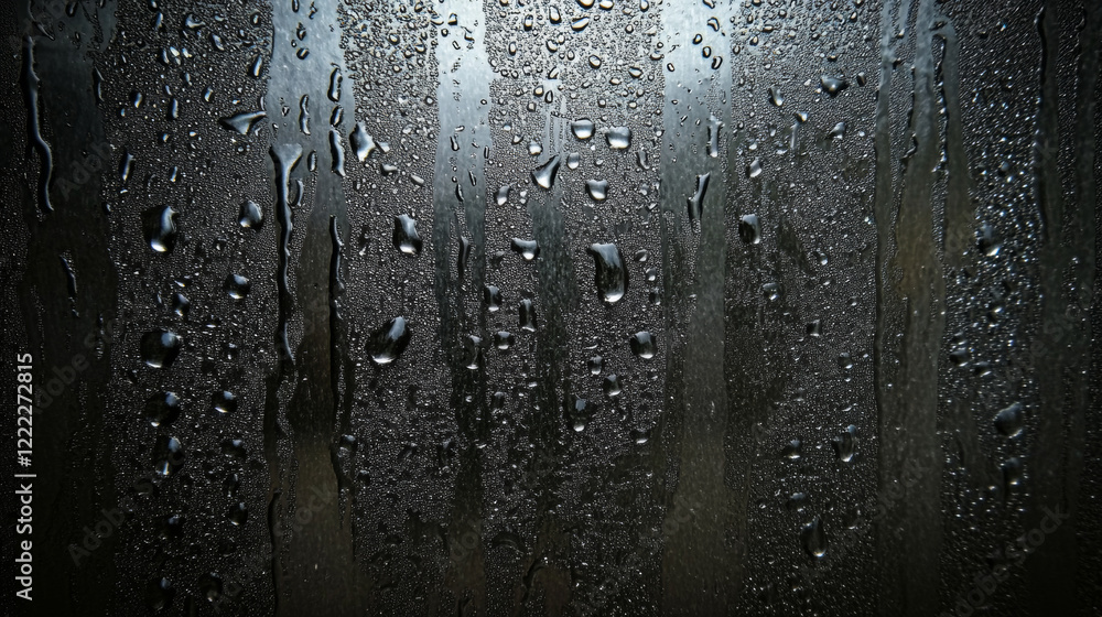 Poster water drops on black glass surface. realistic 3d vector dark background with transparent rain drople