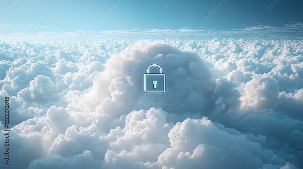 Poster cloud with a padlock symbol representing data security and privacy in digital technology and online 