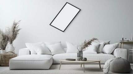 Living room with minimalist decor and a 3D-rendered mockup frame positioned for advertising purpose.