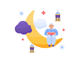 illustration of a muslim man reciting the Quran and sitting on a crescent moon decorated with lantern clouds. happy eid al-fitr, eid al-adha. ramadan kareem. islam. flat style design. elements
