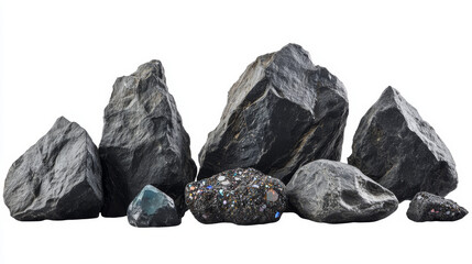 Obraz premium Grey stone rocks collection of big and small gems vector illustration isolated on white. Heavy mountain rocks of different shape, natural elements