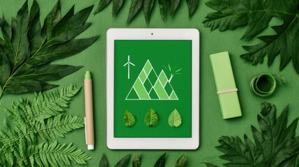 Green Nature Concept with Tablet, Leaves, and Eco-friendly Elements on a Vibrant Background