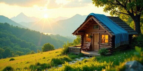 Fototapeta premium Serene Sunset View of Cozy Log Cabin on Hilltop with a Blue Blanket
