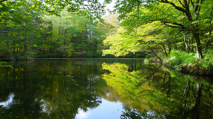 Forest Pond Reflections: Tranquil Lake with Green Trees and Sky Reflected in Water