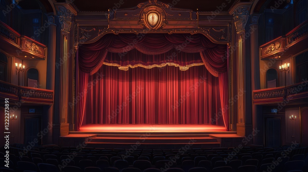 Poster empty theater stage with red velvet curtains and elegant architecture
