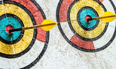 Two arrows hitting bullseye on colorful archery target, close-up view, achievement concept