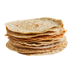 Freshly made stack of golden-brown tortillas with overlapping edges isolated on transparent background PNG