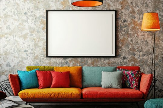 Stylish living area featuring ISO A0 frame mockup centered above vibrant sofa, wallpapered feature wall, and statement overhead lamp.