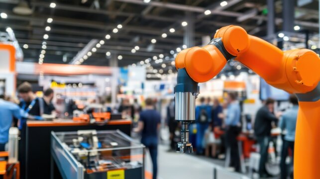 A bustling industrial robotics trade fair featuring exhibitors showcasing advancements in collaborative robots (cobots) and automated systems for diverse manufacturing applications