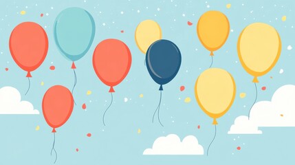 Colorful Balloons in the Sky with Clouds and Confetti Background