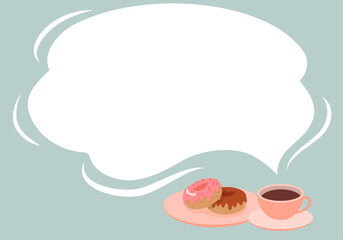 2つのドーナツとコーヒーから立ち上る湯気の吹き出しのフレームのベクターイラストレーション