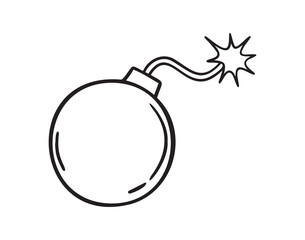 bomb with burning wick doodle hand drawn icon. Outline drawing bomb with burning wick line clipart symbol