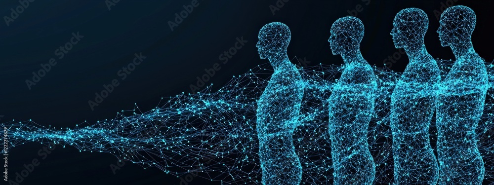 Poster digital representation of human figures emanating light particles in abstract space concept
