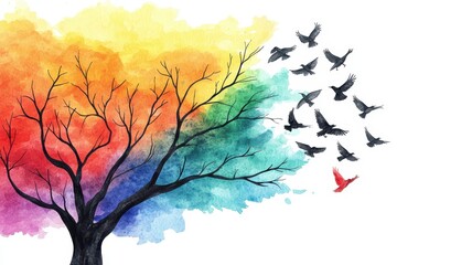 watercolor paint tree Concept. Colorful tree with birds flying, blending nature and art in a vibrant watercolor style.