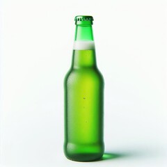 A cold bottle of green beer with frothy foam isolated on a white background