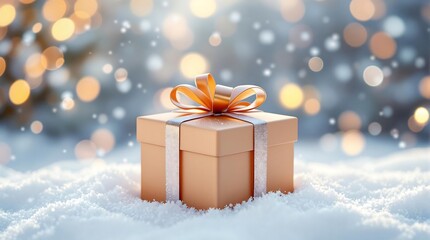 Golden Gift Box With Ribbon on Snowy Background With Festive Lights. generator AI