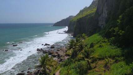  A man standing in the top of hill in coastline with hills, cliffs, trees, beach sand and waves from the sea and ocean at Menganti Beach, Kebumen, Central Java, Indonesia