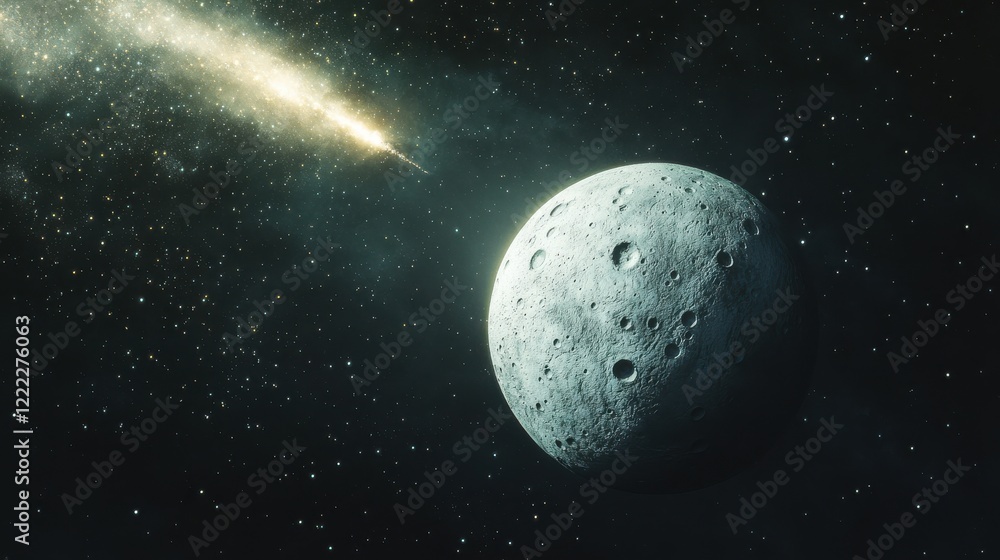 Poster celestial scene with moon and comet in deep starry space
