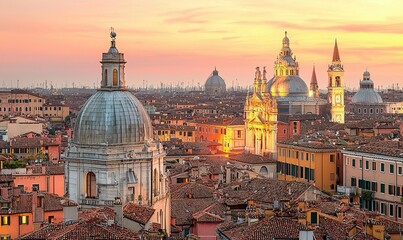 Naklejka premium Venice skyline at sunset with church domes, rooftops, and warm glow