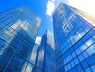 City Skyline Dominated by Tall Glass Skyscrapers Reflecting Sunrise, Modern Urban Architecture with Futuristic Aesthetic in a Serene Morning Glow