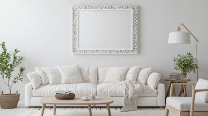 Living room with plush white sofa, low coffee table, and floating mockup poster frame for modern look.
