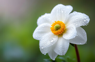 Obraz premium Delicate white flower with yellow center glistens with raindrops in a lush green garden during springtime