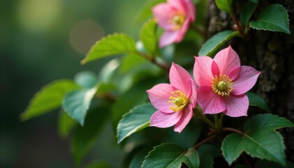 Fototapeta premium Pink hellebore blooms nestled among branches and leaves, evergreen, nesting