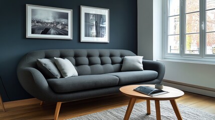 Cozy modern living room with stylish furniture and wall art