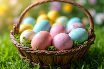 Rustic Easter Basket with Painted Eggs: Vibrant Springtime Setting with Green Grass and Floral Accents