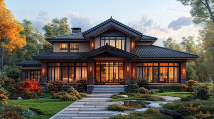 Obraz premium Modern house with numerous large windows in a suburban neighborhood during daylight