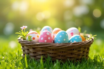 Rustic Easter Basket with Painted Eggs: Vibrant Springtime Setting with Green Grass and Floral Accents
