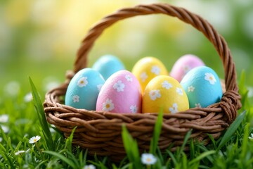 Rustic Easter Basket with Painted Eggs: Vibrant Springtime Setting with Green Grass and Floral Accents